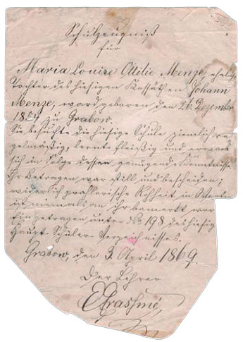 Schulzeugnis für Ottilie Menze  vom 2. April 1869