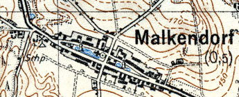 Malkendorf, der besuchte Friedhof befindet sich am unteren Kartenende, mitte