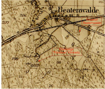 Beatenwalde mit der Lage des Friedhofs und der „Försterei“ Klinkwitz (Geburtsort des Verfassers)